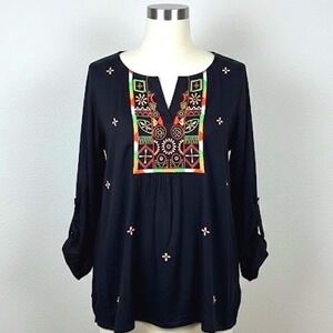 Sacred Threads Black Embroidered Tunic Top Women's XL Roll Tab Sleeve NWT Boho